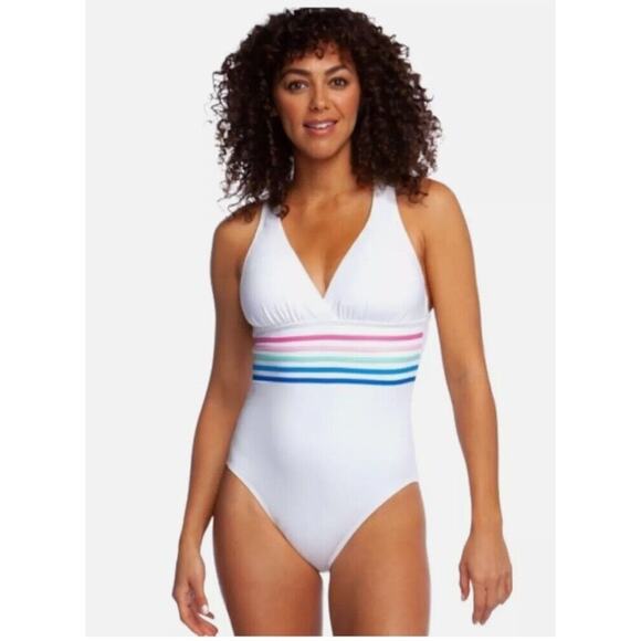La Blanca Sz 4 Womens Spectrum Striped Rainbow Strappy One Piece Swimsuit White - Picture 1 of 13